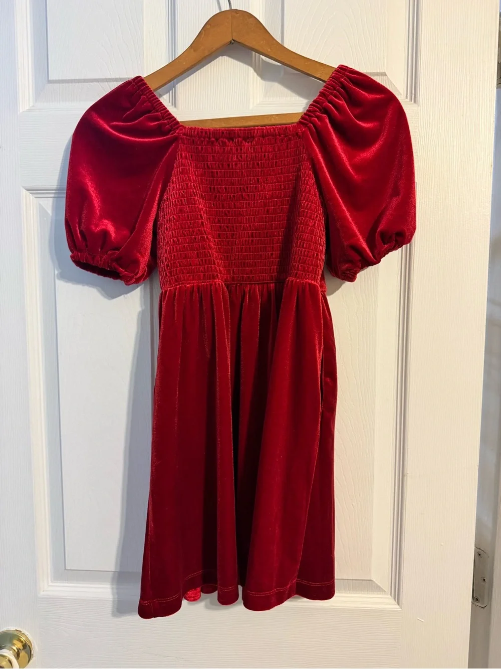 Copper Key Deep Red Velvet Puff-Sleeve Dress